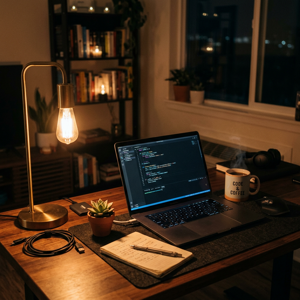 Laptop displaying code on a wooden desk with a glowing desk lamp, notebook, succulent, and steaming coffee mug