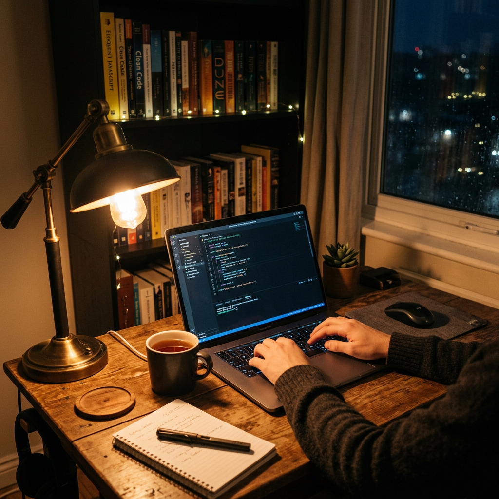 Person typing code on laptop at wooden desk with lamp, notebook, and coffee cup